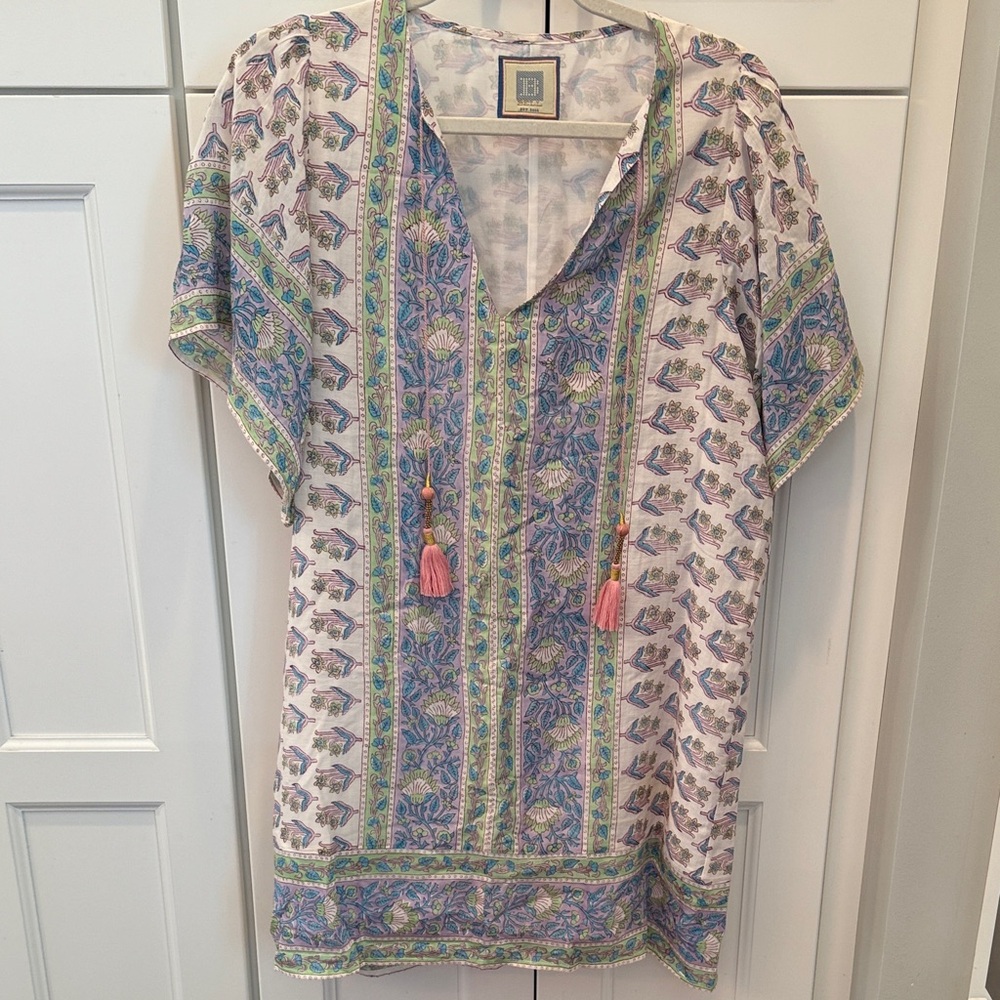 Alicia Bell Mini Dress in White with Blue & Green Print